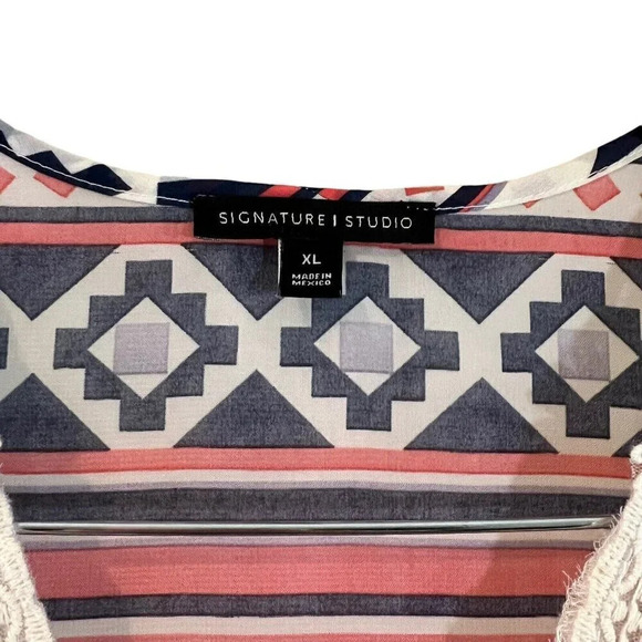 Signature Studio Tribal Blouse XL Sheer Geometric Multi Patterned Crochet Trim - Picture 7 of 7